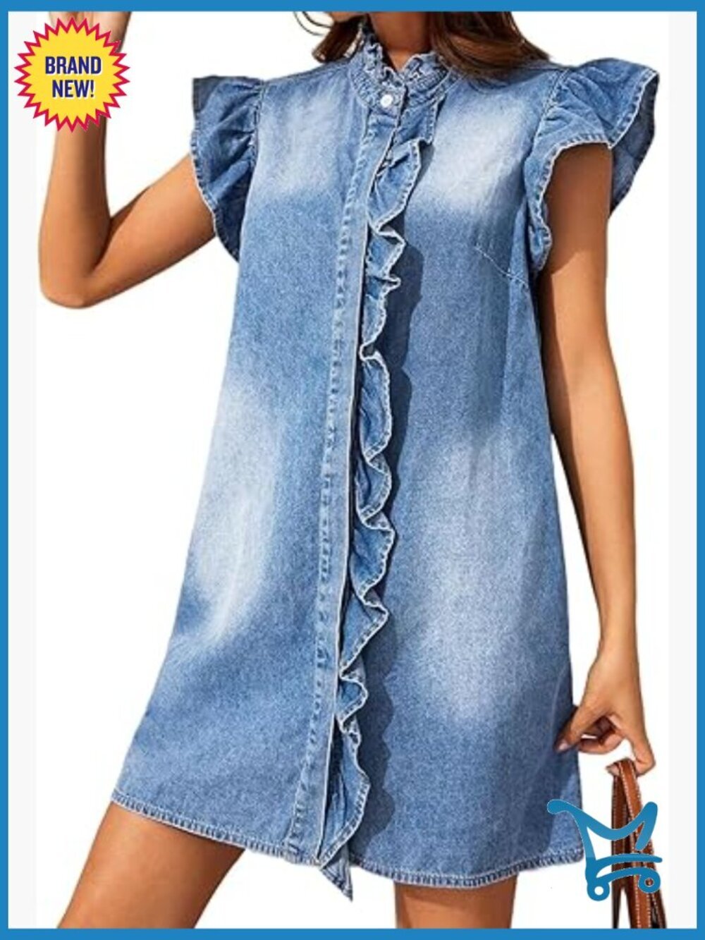 Button Front Denim Mini Dress Ruffle Sleeve Loose Fit Summer